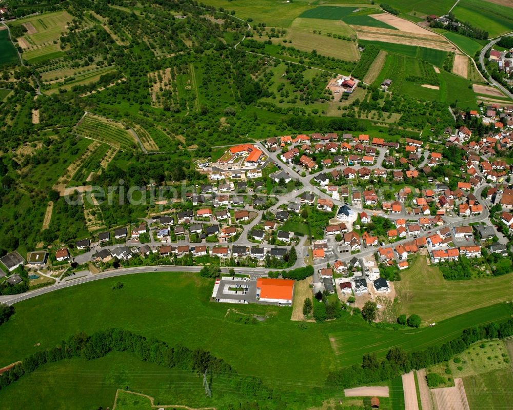 Aerial image Oppelsbohm - Village view on the edge of agricultural fields and land in Oppelsbohm in the state Baden-Wuerttemberg, Germany