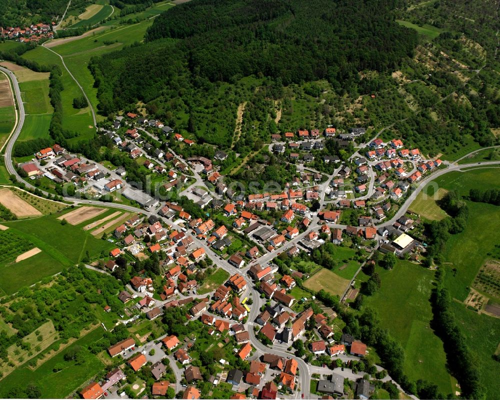 Oppelsbohm from above - Village view on the edge of agricultural fields and land in Oppelsbohm in the state Baden-Wuerttemberg, Germany