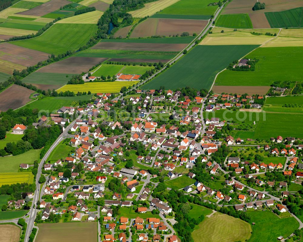 Orsenhausen from the bird's eye view: Village view on the edge of agricultural fields and land in Orsenhausen in the state Baden-Wuerttemberg, Germany