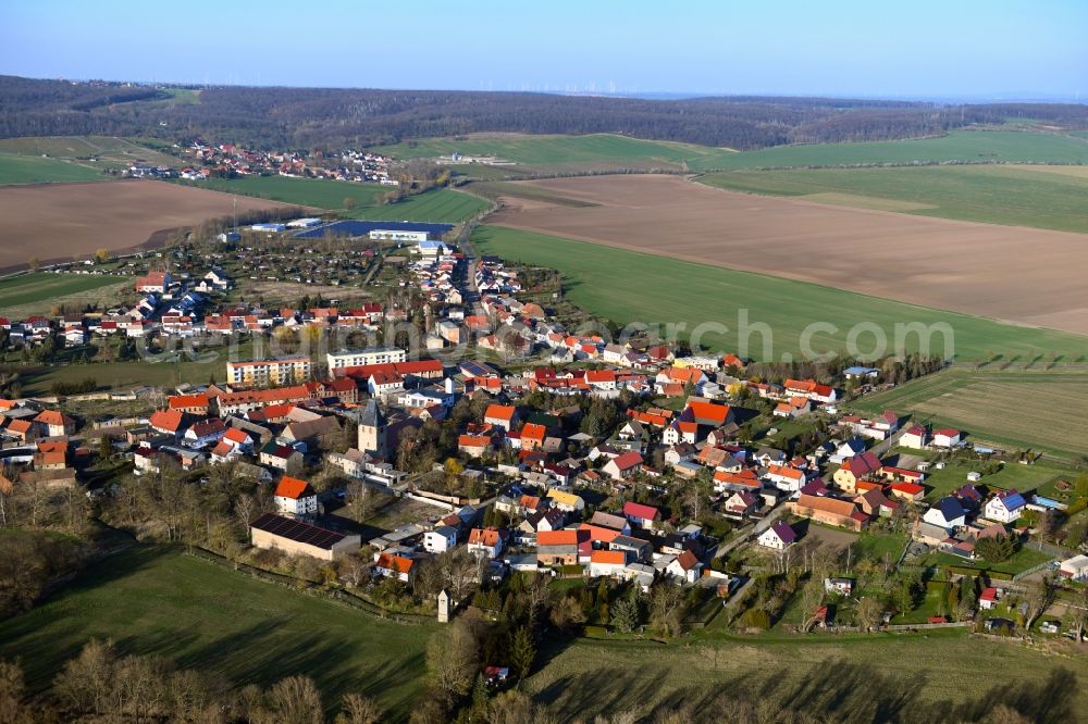 Osterhausen from above - Village view on the edge of agricultural fields and land in Osterhausen in the state Saxony-Anhalt, Germany