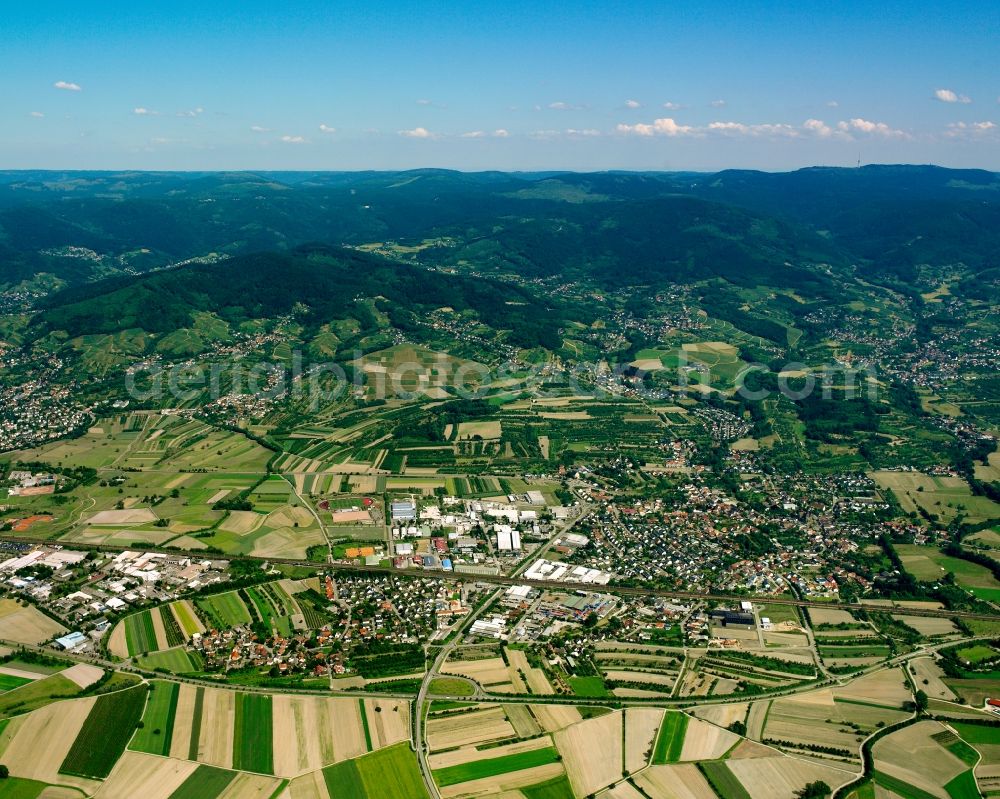 Ottersweier from above - Village view on the edge of agricultural fields and land in Ottersweier in the state Baden-Wuerttemberg, Germany