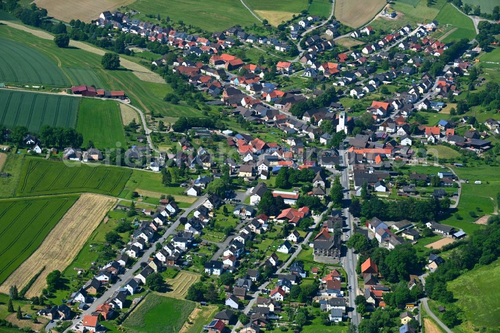 Ovenhausen from above - Village view on the edge of agricultural fields and land in Ovenhausen in the state North Rhine-Westphalia, Germany