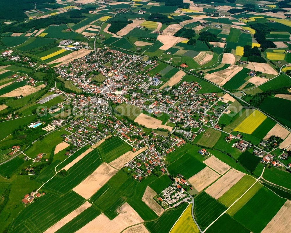 Panzing from the bird's eye view: Village view on the edge of agricultural fields and land in Panzing in the state Bavaria, Germany