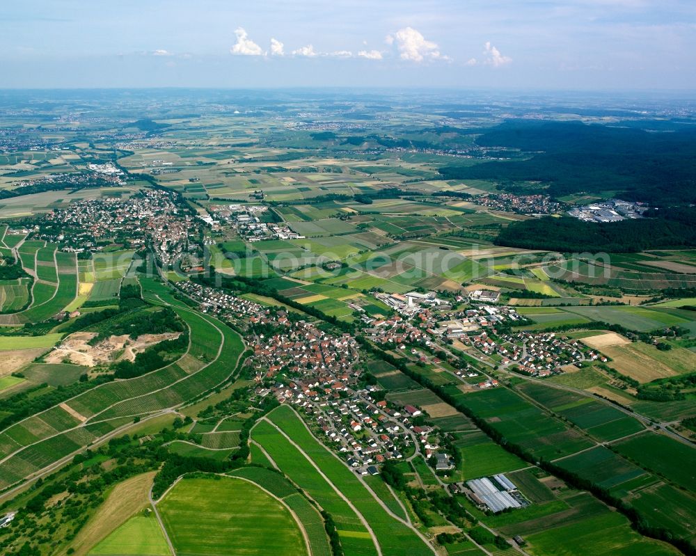 Aerial image Pfaffenhofen - Village view on the edge of agricultural fields and land in Pfaffenhofen in the state Baden-Wuerttemberg, Germany