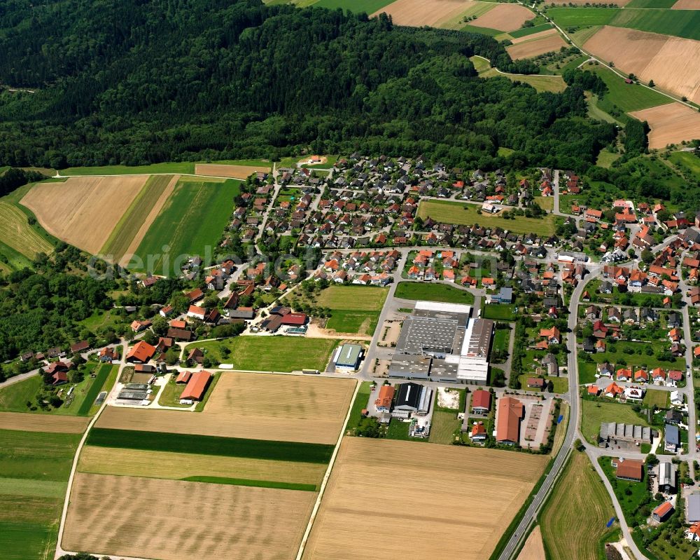 Aerial image Pfahlbronn - Village view on the edge of agricultural fields and land in Pfahlbronn in the state Baden-Wuerttemberg, Germany