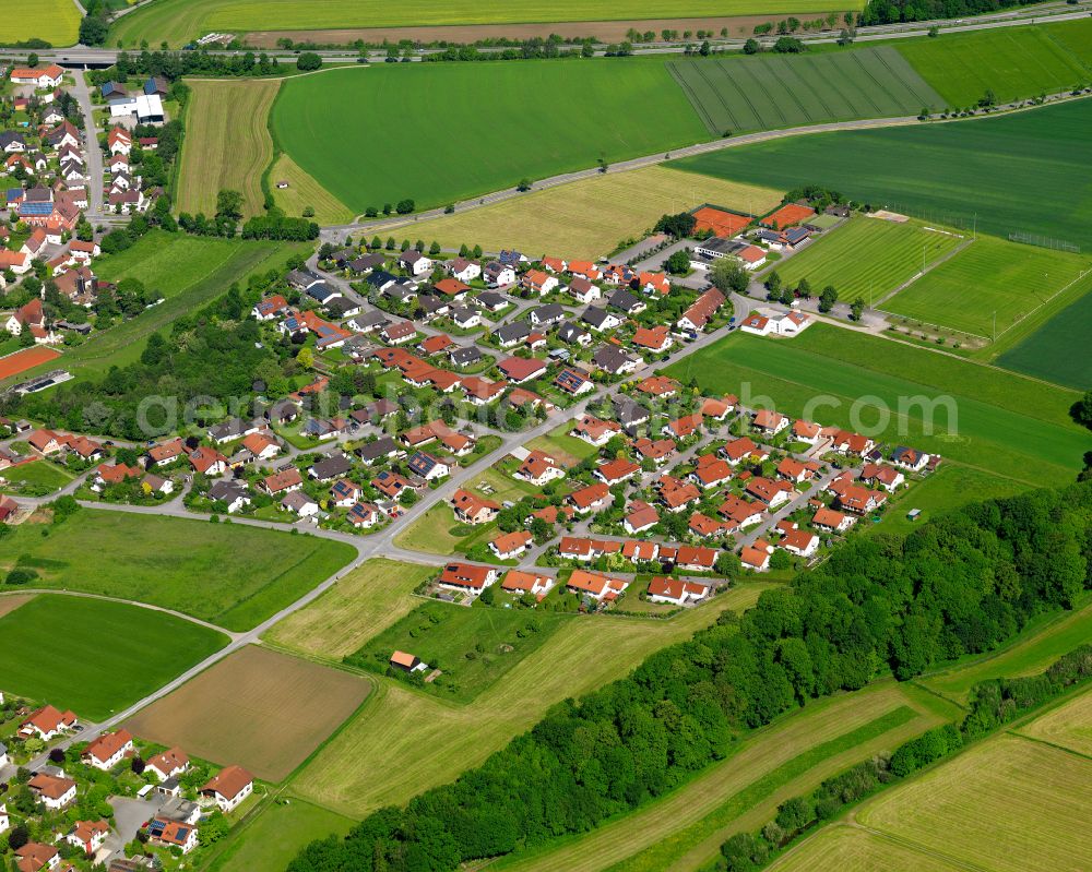 Aerial image Äpfingen - Village view on the edge of agricultural fields and land in Äpfingen in the state Baden-Wuerttemberg, Germany