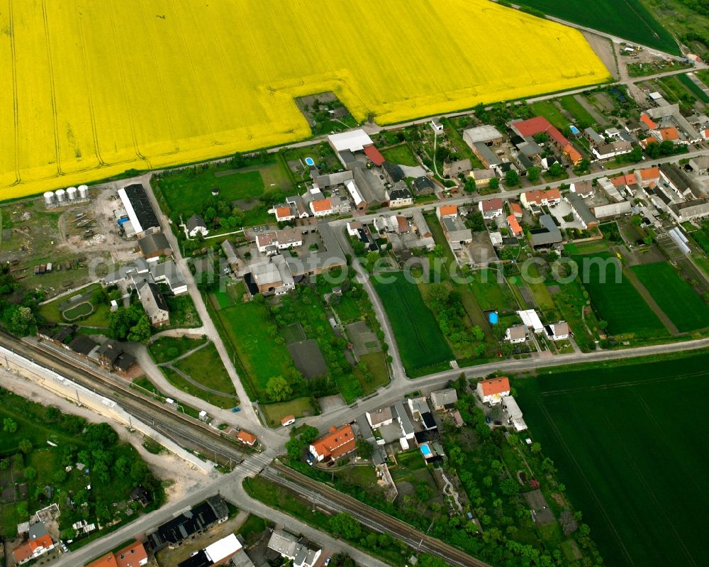 Prödel from the bird's eye view: Village view on the edge of agricultural fields and land in Prödel in the state Saxony-Anhalt, Germany