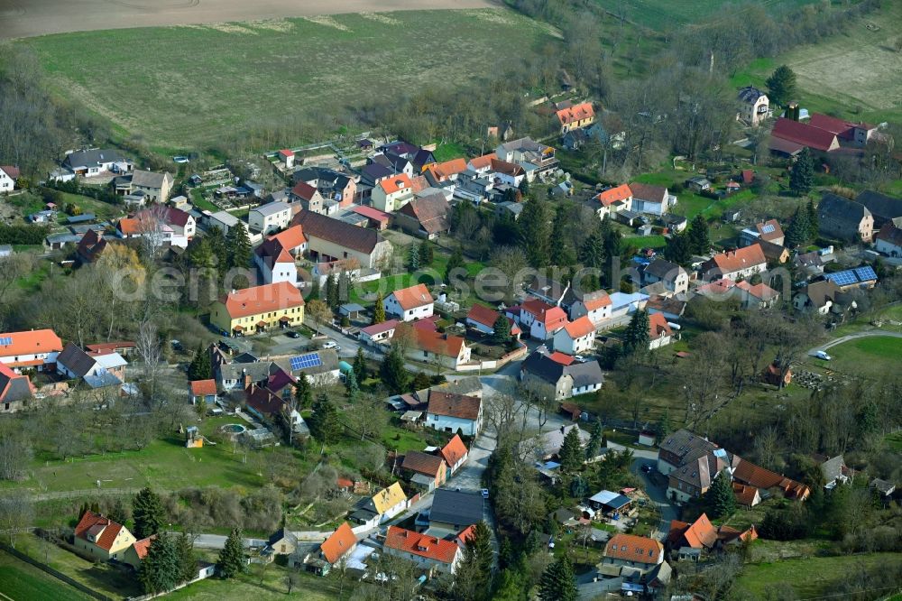 Aerial image Pretitz - Village view on the edge of agricultural fields and land in Pretitz in the state Saxony-Anhalt, Germany