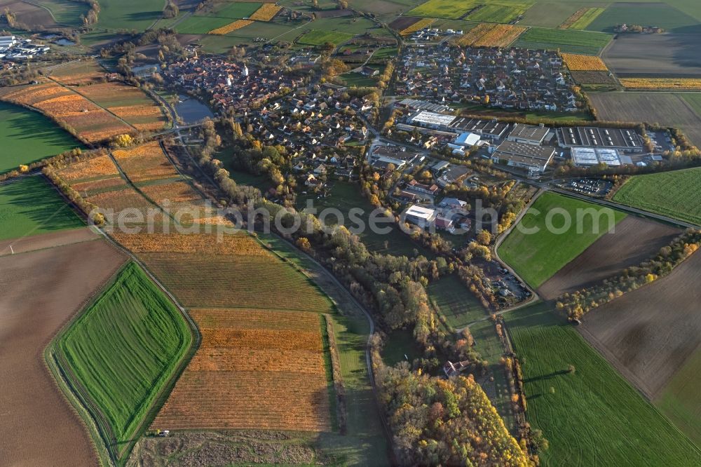 Prichsenstadt from above - Village view on the edge of agricultural fields and land in Prichsenstadt in the state Bavaria, Germany