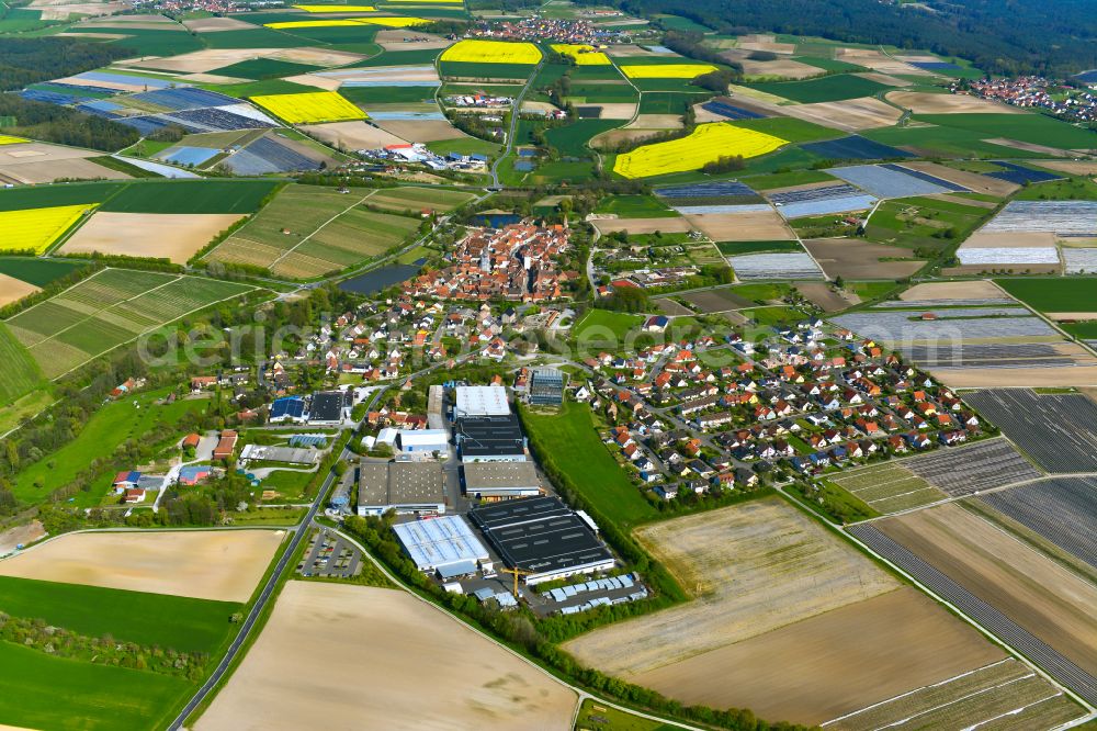 Prichsenstadt from above - Village view on the edge of agricultural fields and land in Prichsenstadt in the state Bavaria, Germany