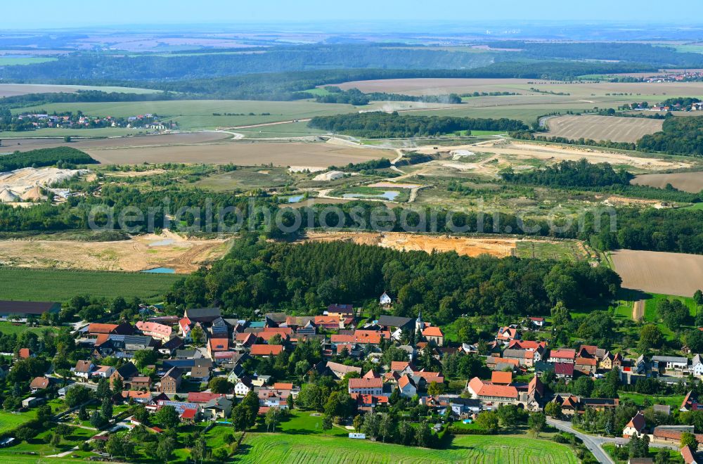 Prießnitz from the bird's eye view: Village view on the edge of agricultural fields and land in Prießnitz in the state Saxony-Anhalt, Germany