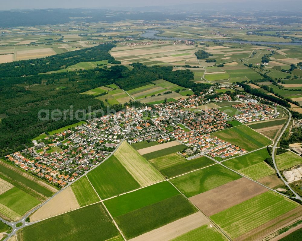 Rain from above - Village view on the edge of agricultural fields and land in Rain in the state Bavaria, Germany