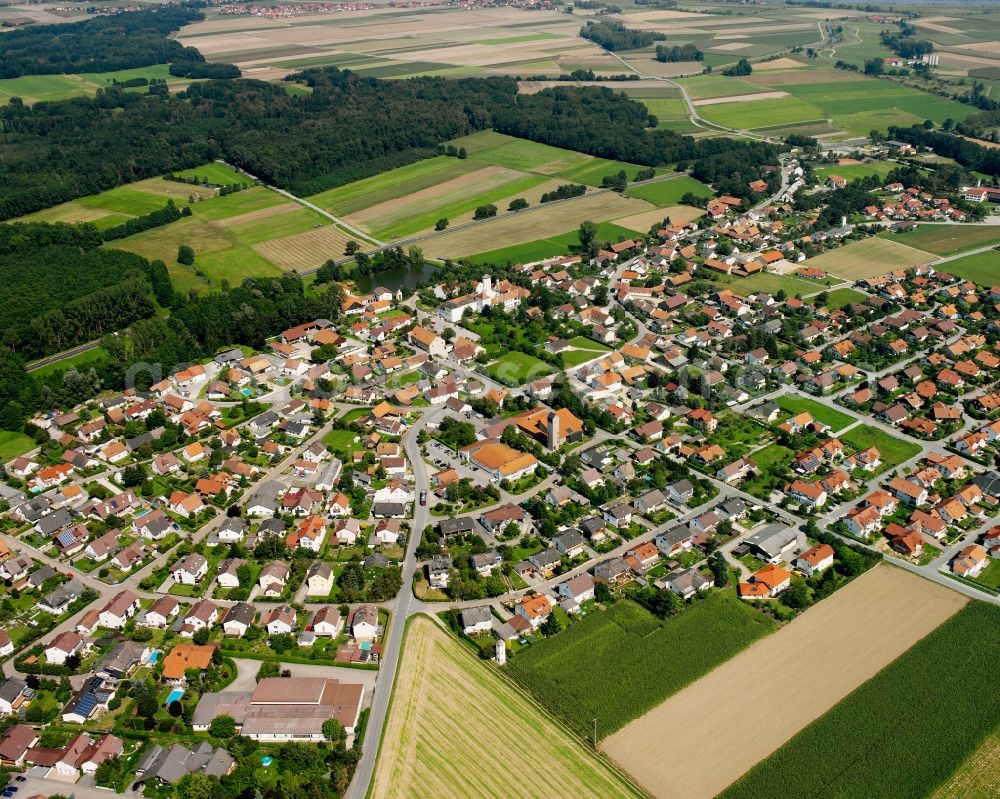 Rain from the bird's eye view: Village view on the edge of agricultural fields and land in Rain in the state Bavaria, Germany