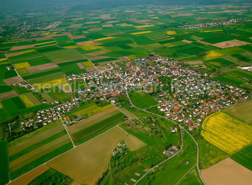 Rammingen from above - Village view on the edge of agricultural fields and land in Rammingen in the state Baden-Wuerttemberg, Germany