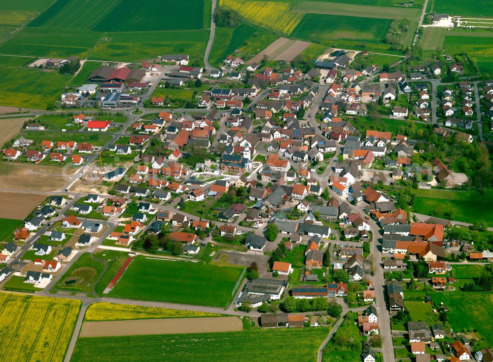 Rammingen from the bird's eye view: Village view on the edge of agricultural fields and land in Rammingen in the state Baden-Wuerttemberg, Germany