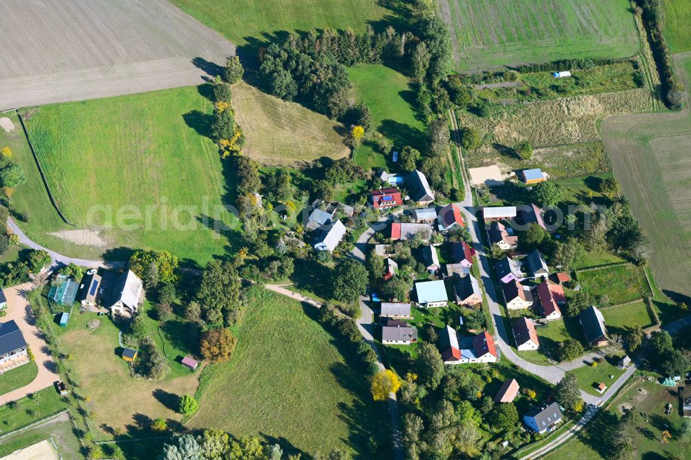 Rankwitz from the bird's eye view: Village view on the edge of agricultural fields and land in Rankwitz in the state Mecklenburg - Western Pomerania, Germany