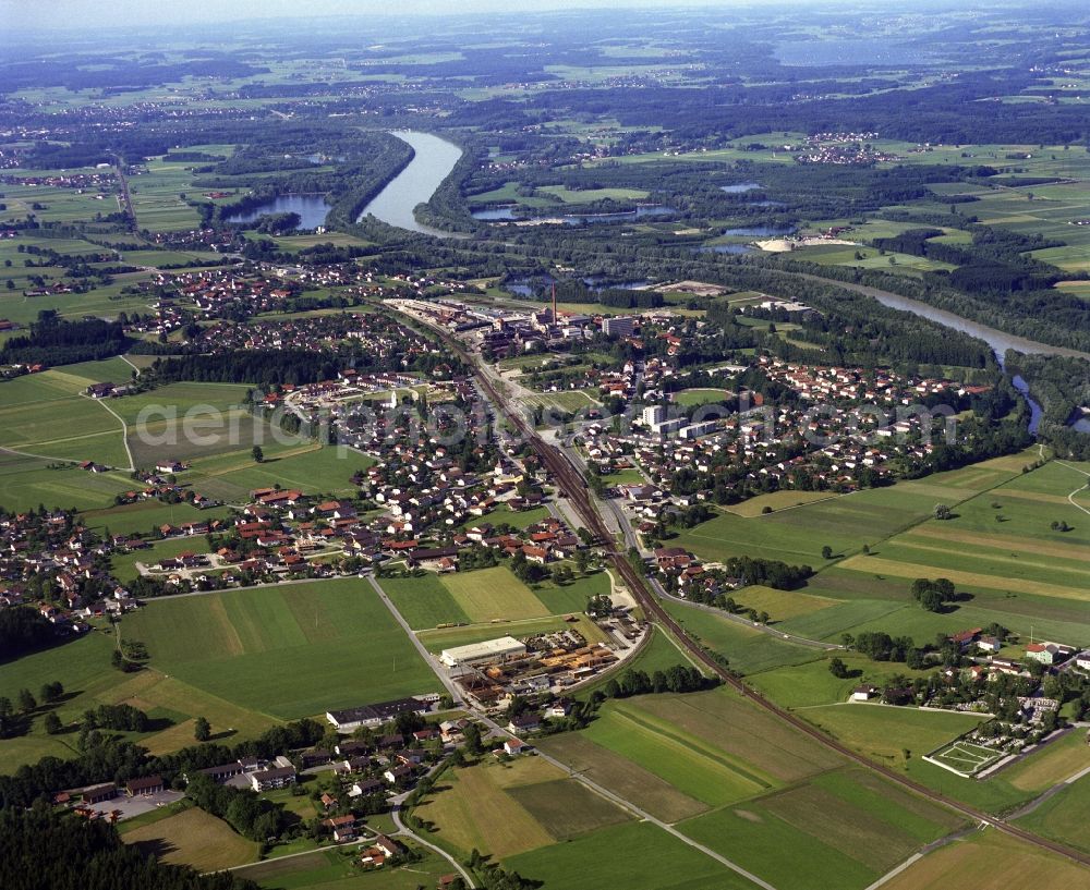 Raubling from the bird's eye view: Village view on the edge of agricultural fields and land in Raubling in the state Bavaria, Germany