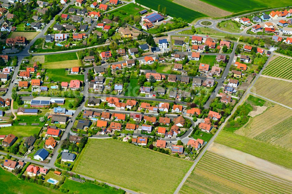 Aerial image Rödelsee - Village view on the edge of agricultural fields and land in Rödelsee in the state Bavaria, Germany