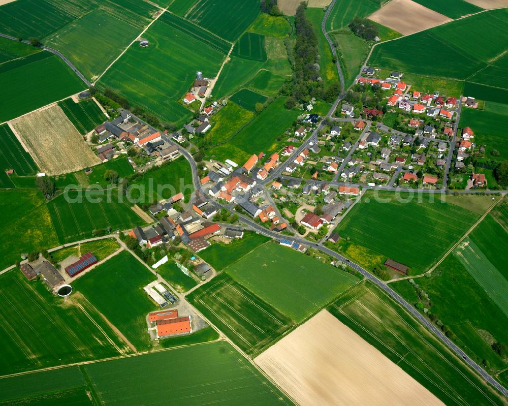 Reibertenrod from the bird's eye view: Village view on the edge of agricultural fields and land in Reibertenrod in the state Hesse, Germany