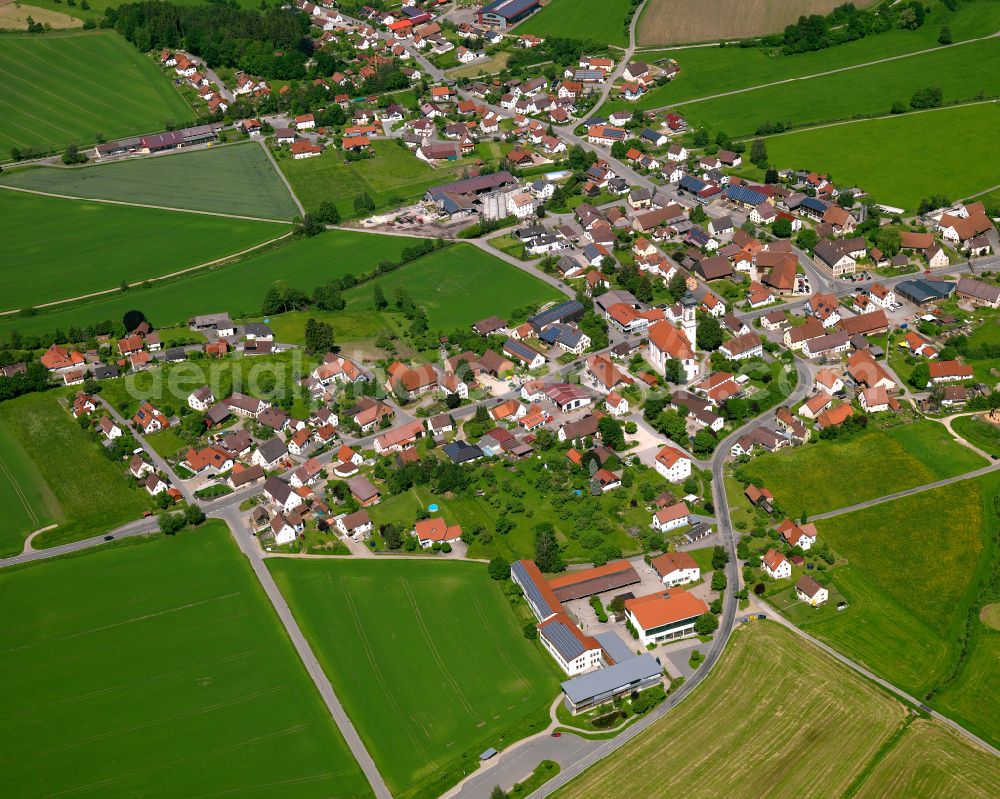 Aerial image Reinstetten - Village view on the edge of agricultural fields and land in Reinstetten in the state Baden-Wuerttemberg, Germany