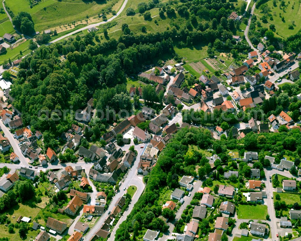 Reusten from above - Village view on the edge of agricultural fields and land in Reusten in the state Baden-Wuerttemberg, Germany