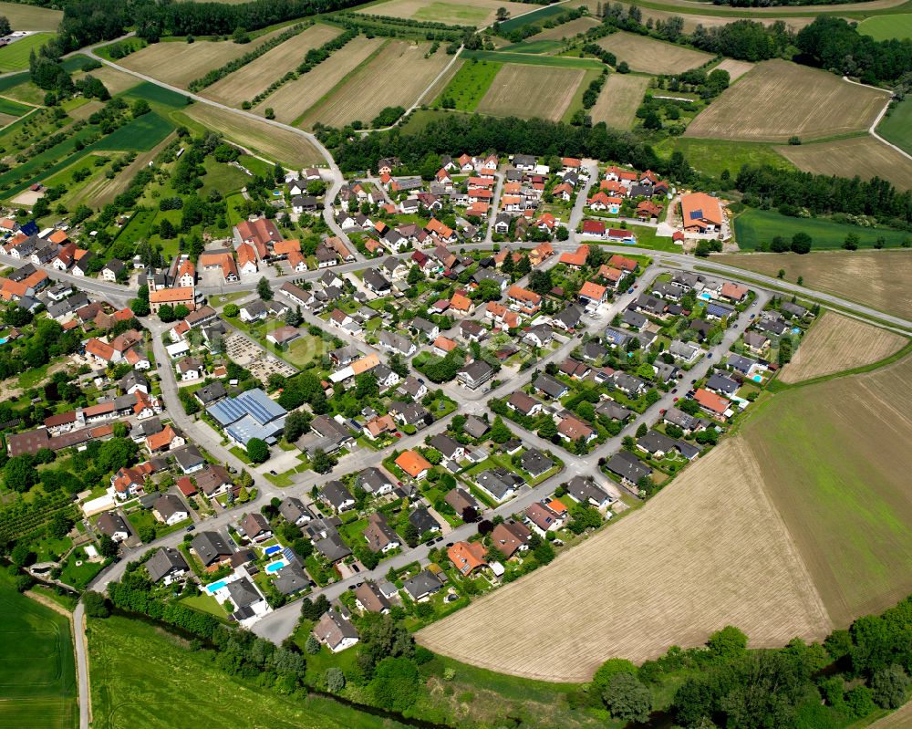 Rheinau from the bird's eye view: Village view on the edge of agricultural fields and land in Rheinau in the state Baden-Wuerttemberg, Germany