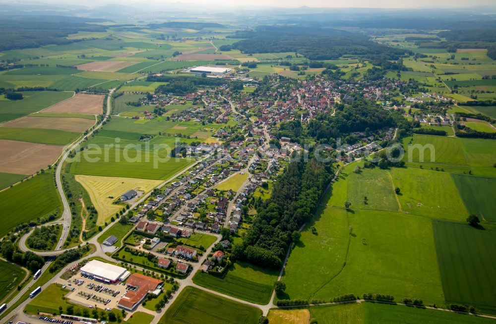 Rhoden from above - Village view on the edge of agricultural fields and land in Rhoden in the state Hesse, Germany