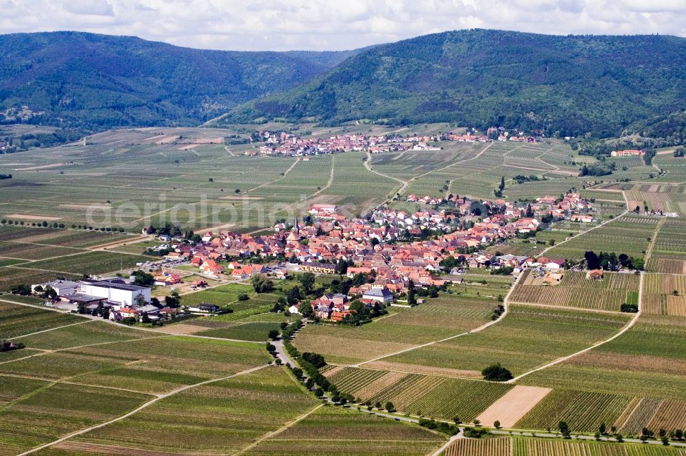 Rhodt unter Rietburg from the bird's eye view: Village view on the edge of agricultural fields and land in Rhodt unter Rietburg in the state Rhineland-Palatinate, Germany