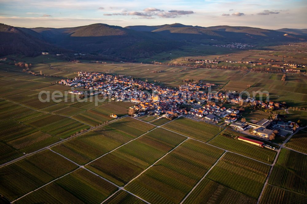 Aerial photograph Rhodt unter Rietburg - Village view on the edge of agricultural fields and land in Rhodt unter Rietburg in the state Rhineland-Palatinate, Germany