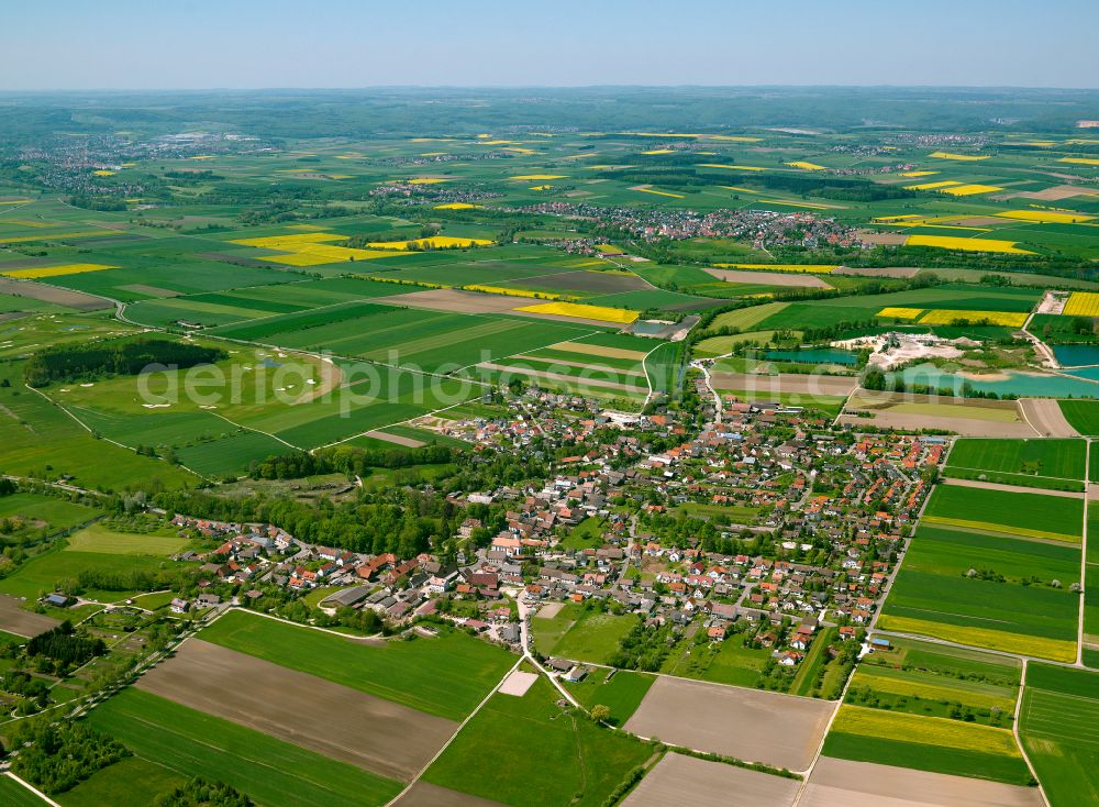 Aerial image Rißtissen - Village view on the edge of agricultural fields and land in Rißtissen in the state Baden-Wuerttemberg, Germany