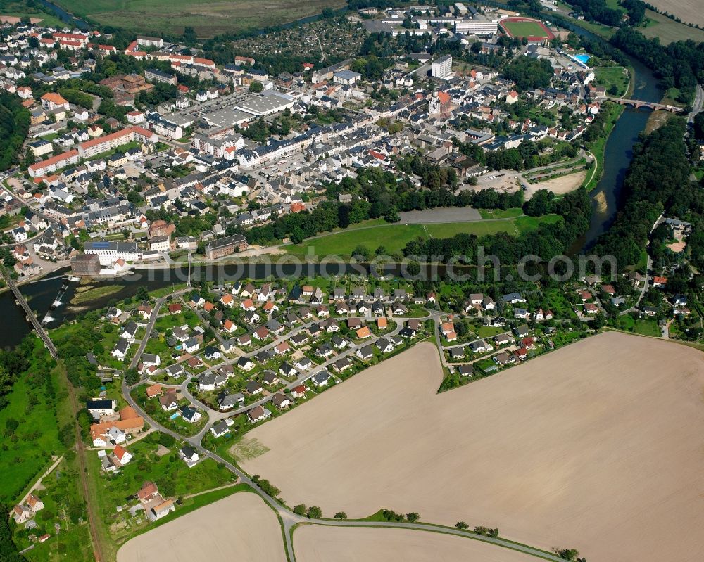 Rochlitz from above - Village view on the edge of agricultural fields and land in Rochlitz in the state Saxony, Germany