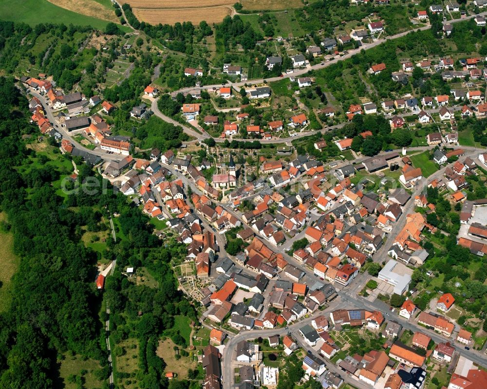 Roigheim from above - Village view on the edge of agricultural fields and land in Roigheim in the state Baden-Wuerttemberg, Germany