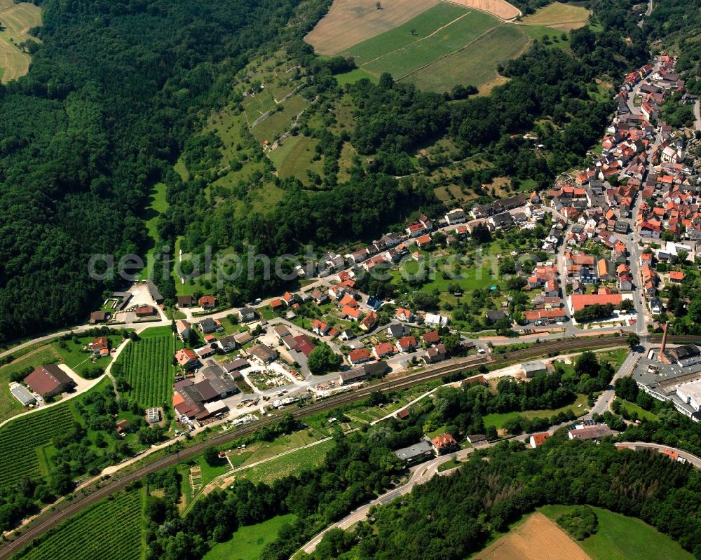 Roigheim from the bird's eye view: Village view on the edge of agricultural fields and land in Roigheim in the state Baden-Wuerttemberg, Germany