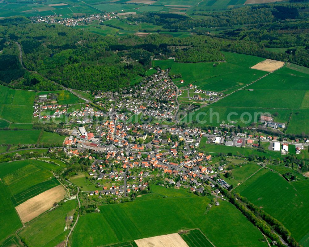 Romrod from above - Village view on the edge of agricultural fields and land in Romrod in the state Hesse, Germany