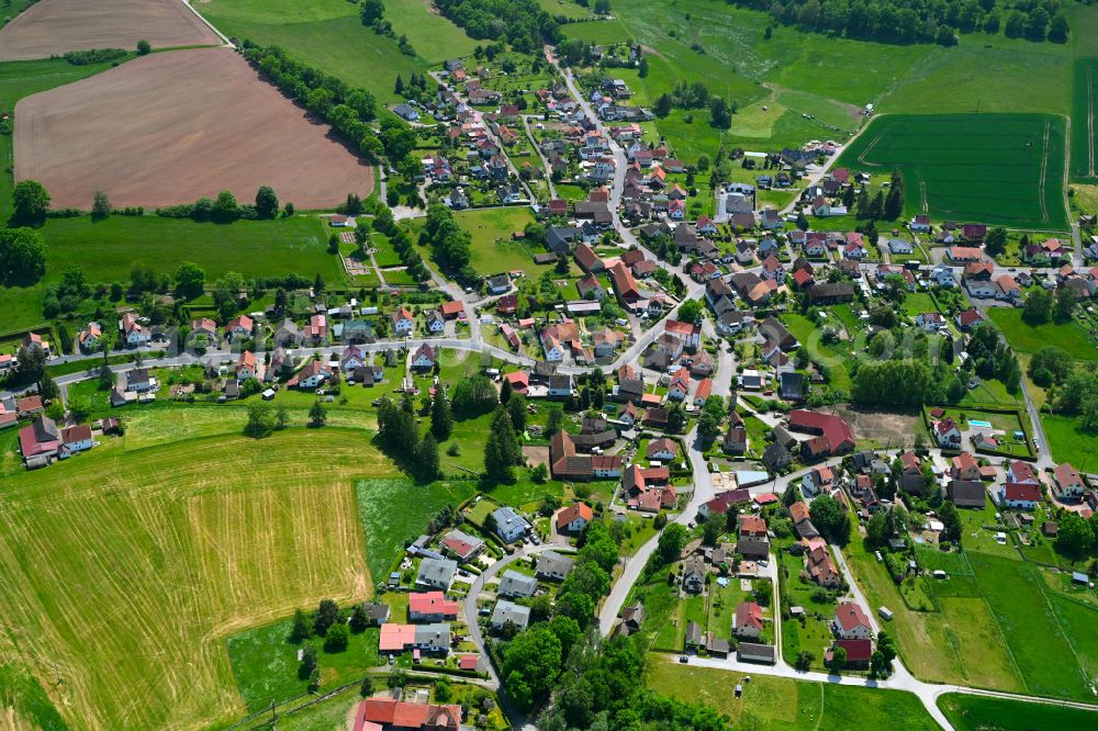 Aerial image Rosa - Village view on the edge of agricultural fields and land in Rosa in the state Thuringia, Germany