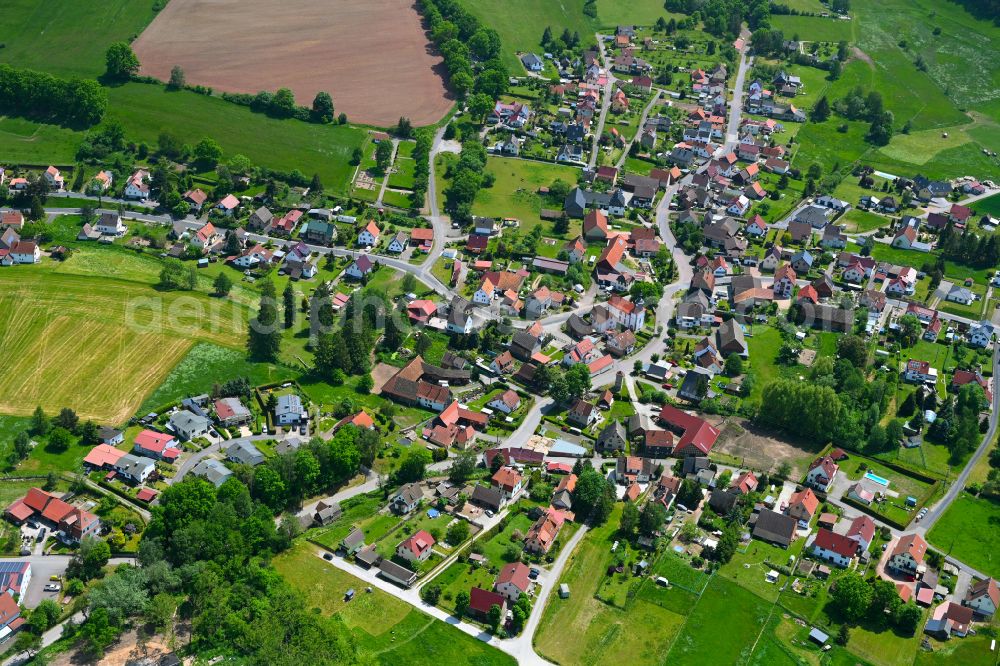 Rosa from above - Village view on the edge of agricultural fields and land in Rosa in the state Thuringia, Germany