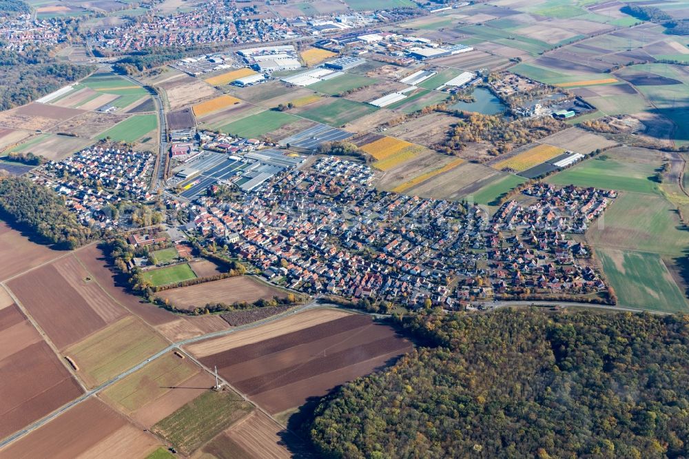 Röthlein from above - Village view on the edge of agricultural fields and land in Roethlein in the state Bavaria, Germany