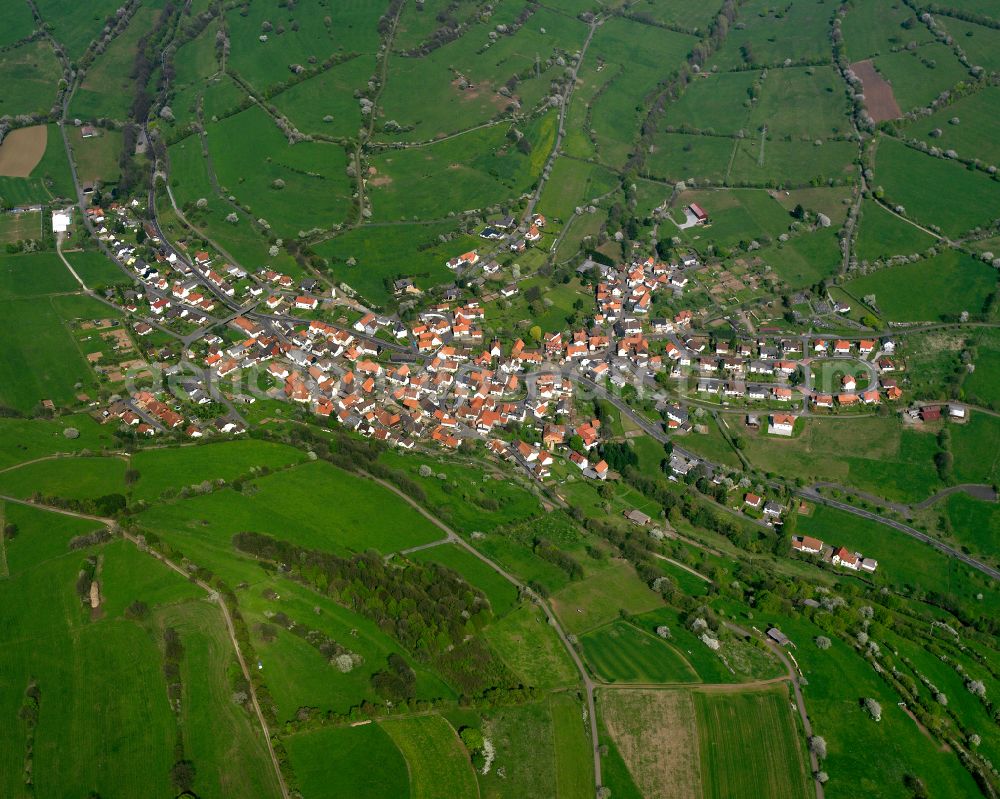 Rudingshain from above - Village view on the edge of agricultural fields and land in Rudingshain in the state Hesse, Germany