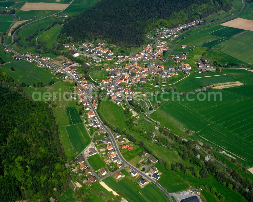 Aerial photograph Ruhlkirchen - Village view on the edge of agricultural fields and land in Ruhlkirchen in the state Hesse, Germany