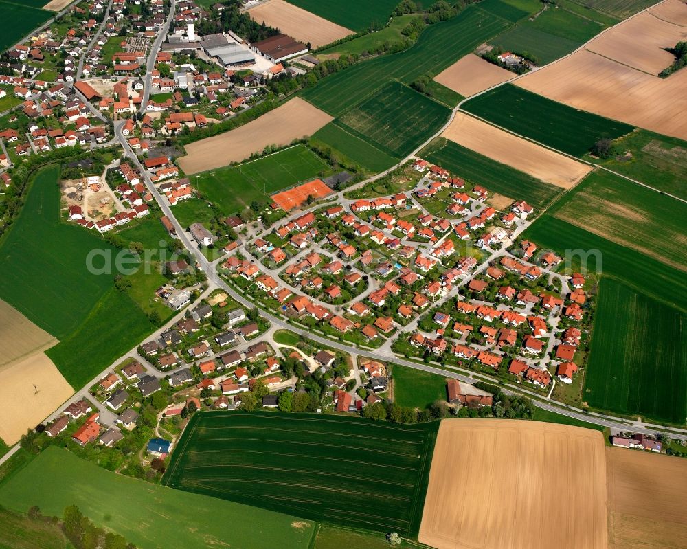 Salching from the bird's eye view: Village view on the edge of agricultural fields and land in Salching in the state Bavaria, Germany