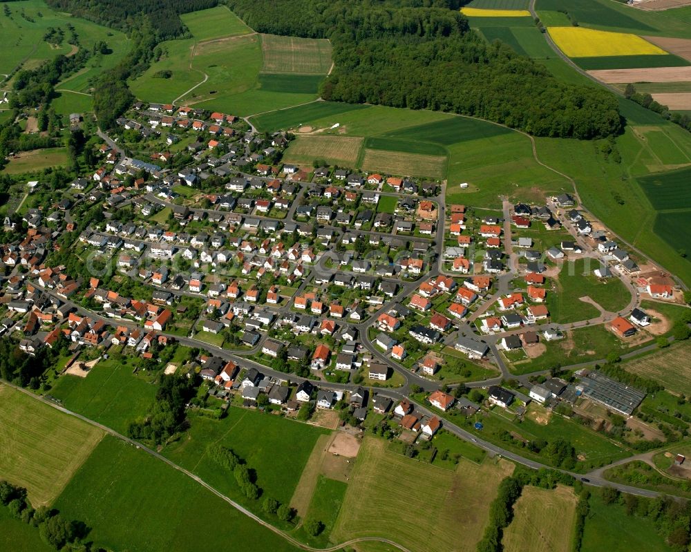 Salzböden from above - Village view on the edge of agricultural fields and land in Salzböden in the state Hesse, Germany