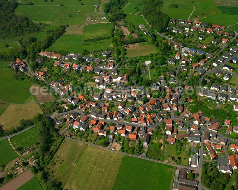 Aerial image Salzböden - Village view on the edge of agricultural fields and land in Salzböden in the state Hesse, Germany