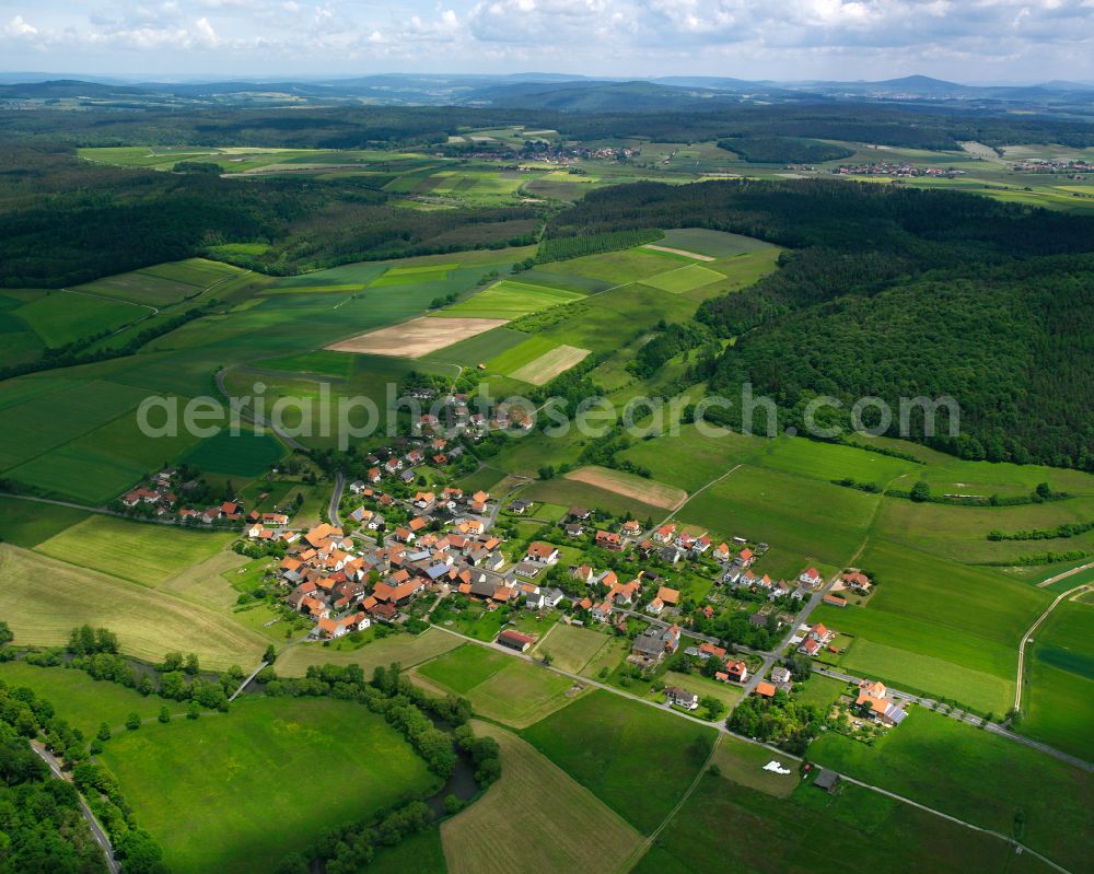 Sandlofs from above - Village view on the edge of agricultural fields and land in Sandlofs in the state Hesse, Germany