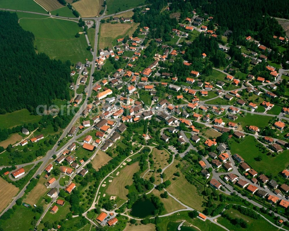 Sankt Englmar from above - Village view on the edge of agricultural fields and land in Sankt Englmar in the state Bavaria, Germany