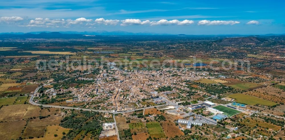 Santanyi from the bird's eye view: Village view on the edge of agricultural fields and land in Santanyi in Balearic island of Mallorca, Spain