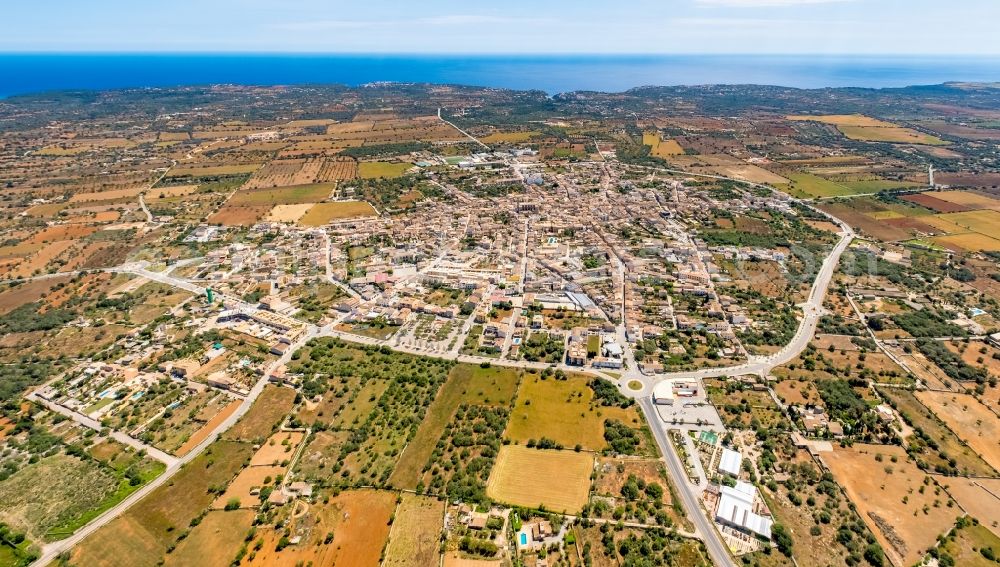 Santanyi from above - Village view on the edge of agricultural fields and land in Santanyi in Balearic island of Mallorca, Spain