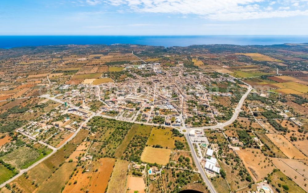 Santanyi from the bird's eye view: Village view on the edge of agricultural fields and land in Santanyi in Balearic island of Mallorca, Spain