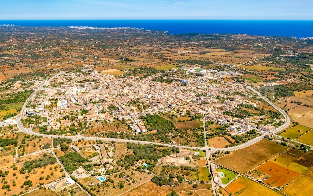 Santanyi from above - Village view on the edge of agricultural fields and land in Santanyi in Balearic island of Mallorca, Spain