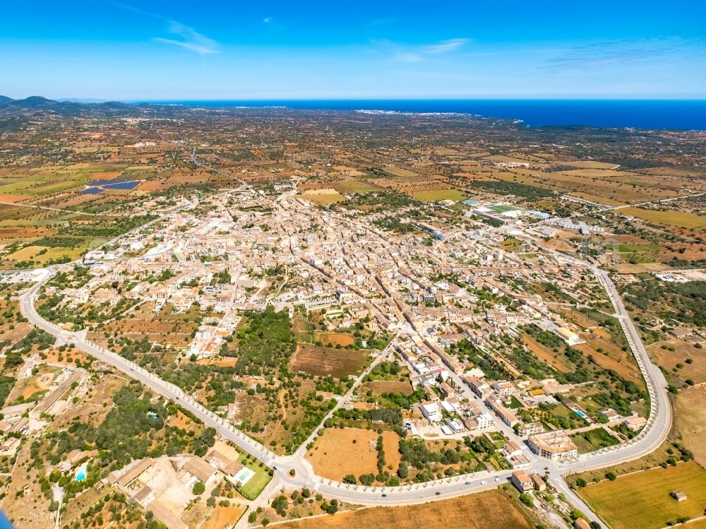 Santanyi from the bird's eye view: Village view on the edge of agricultural fields and land in Santanyi in Balearic island of Mallorca, Spain