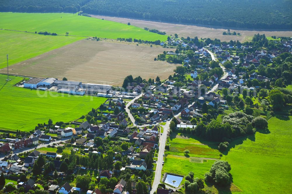 Aerial photograph Schköna - Village view on the edge of agricultural fields and land on street Hauptstrasse in Schkoena in the state Saxony-Anhalt, Germany